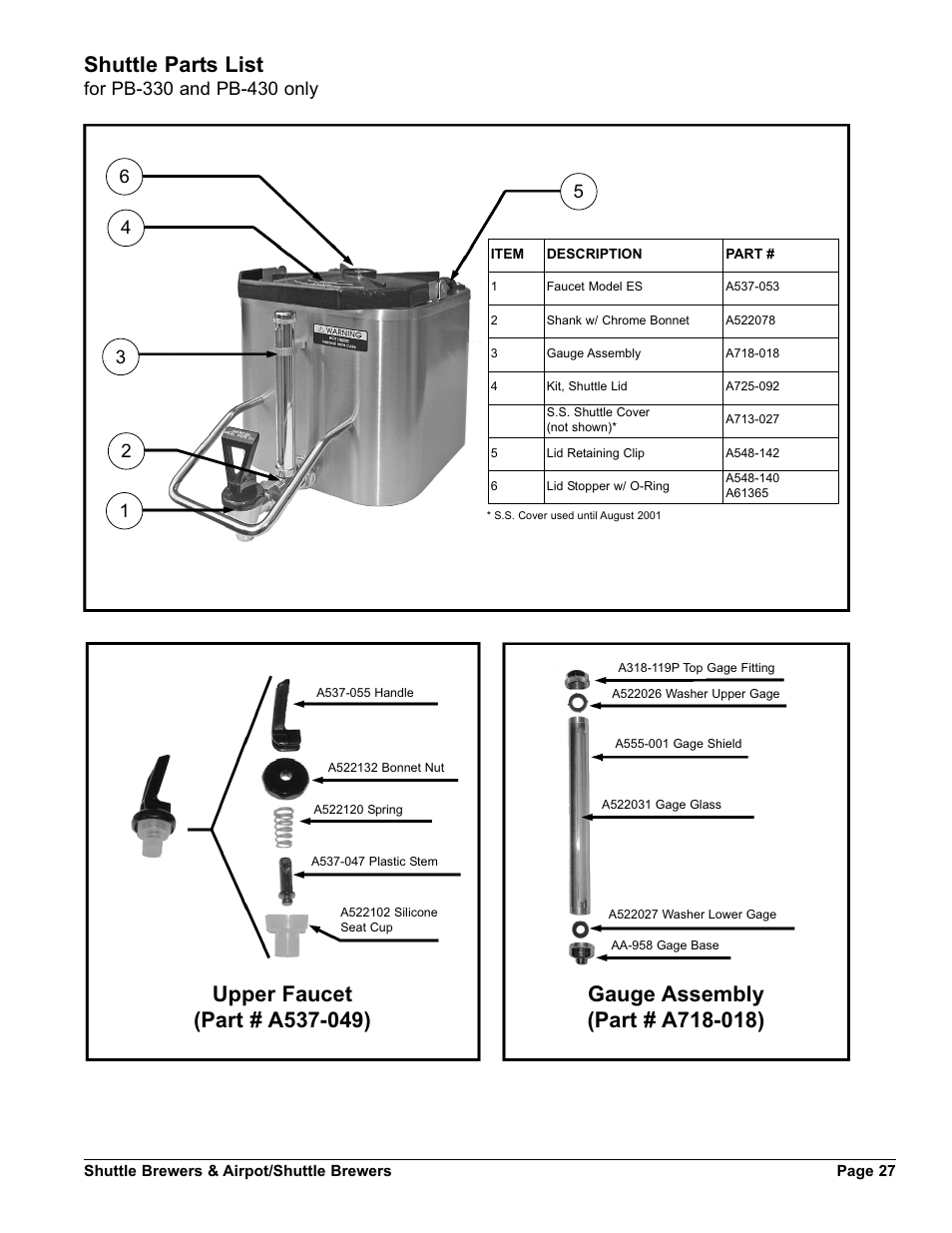 Shuttle parts list | Grindmaster AM-344-04 User Manual | Page 27 / 40