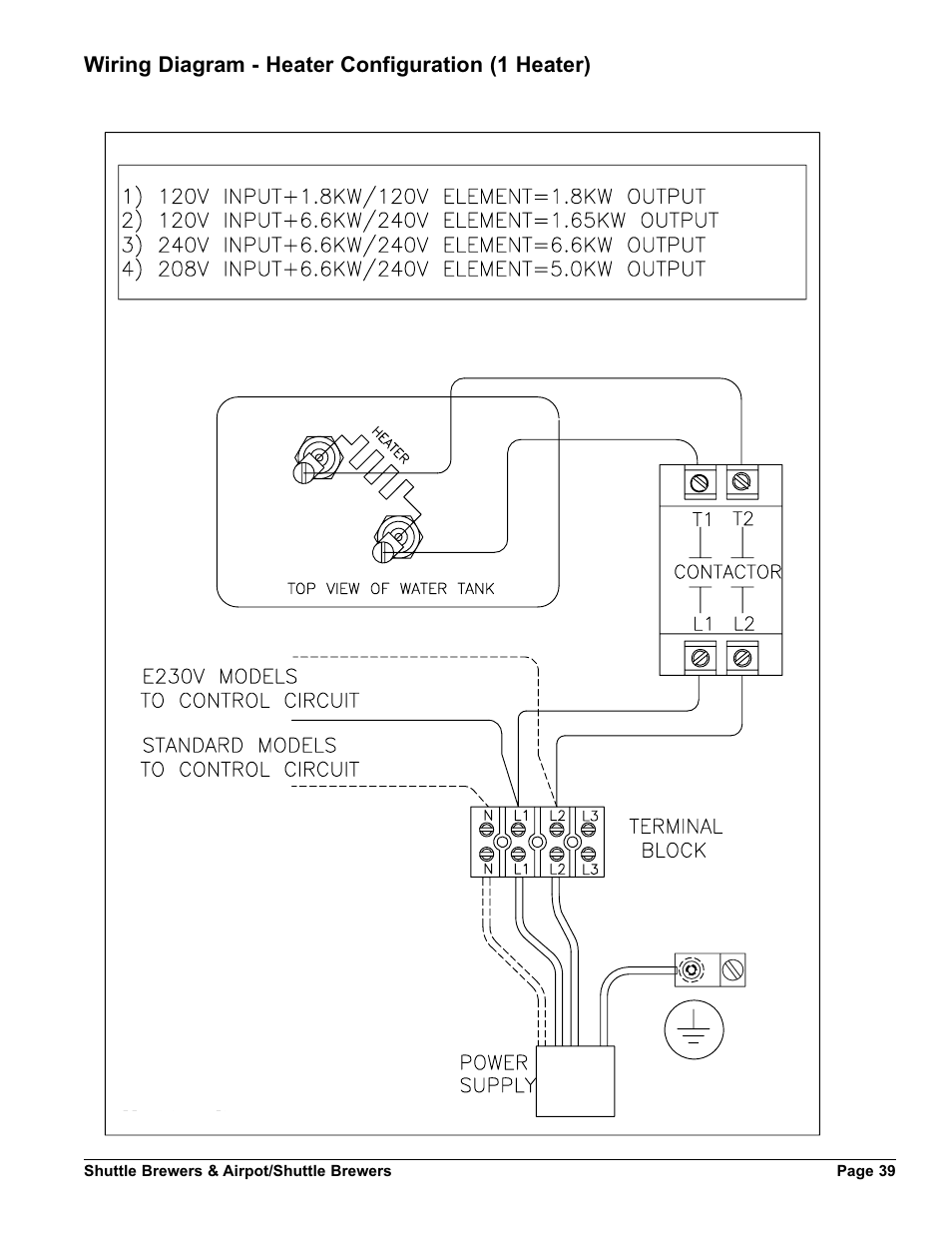 Wiring diagram - heater configuration (1 heater) | Grindmaster AM-344-04 User Manual | Page 39 / 40