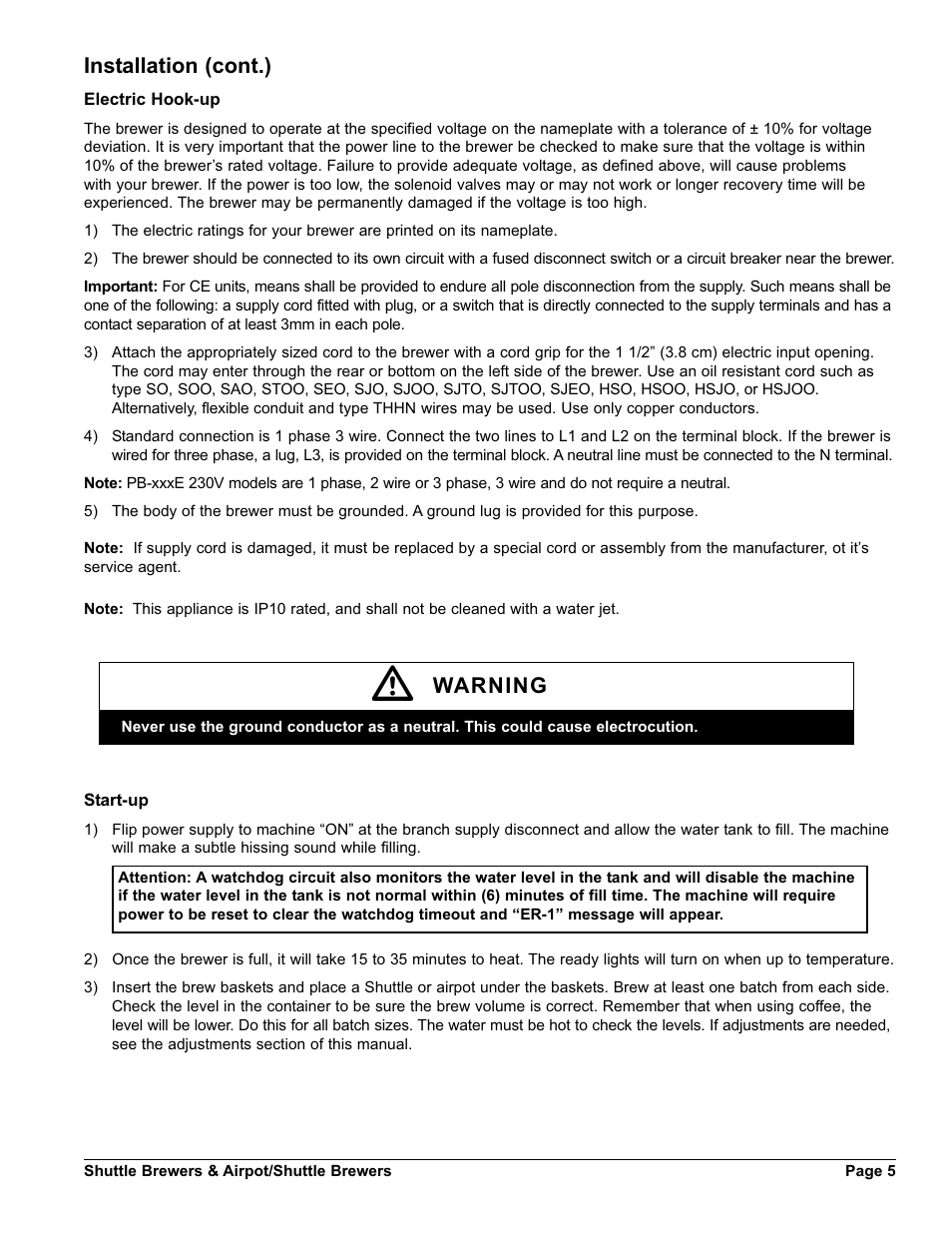 Installation (cont.), Warning | Grindmaster AM-344-04 User Manual | Page 5 / 40