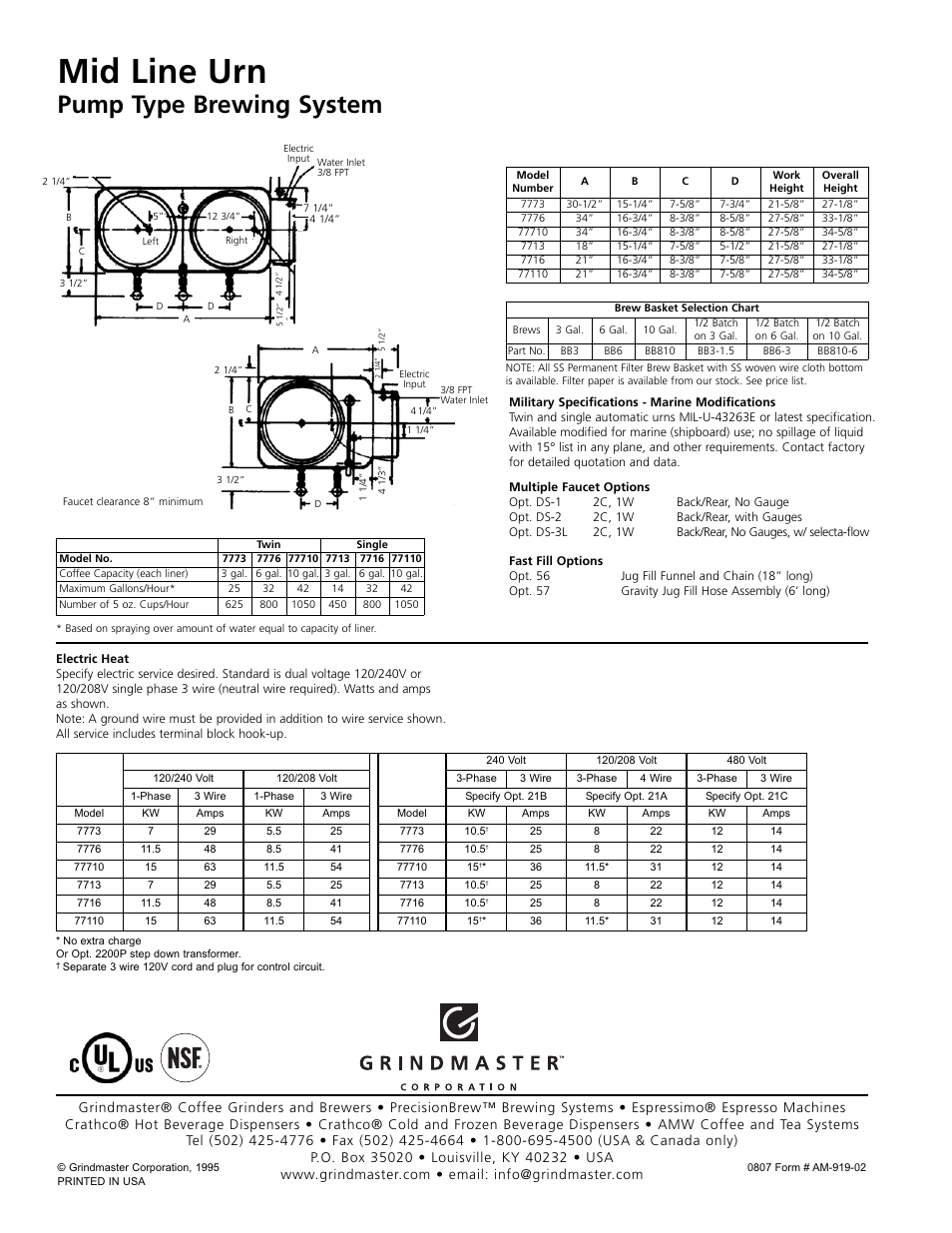 Mid line urn, Pump type brewing system | Grindmaster 7713 User Manual | Page 2 / 2