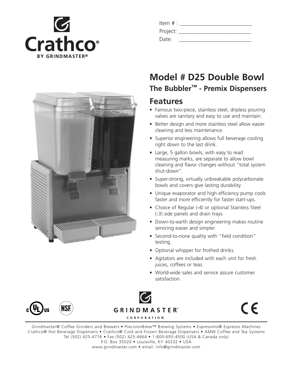 Grindmaster The BubblerTM - Premix Dispensers D25 Double Bowl User Manual | 2 pages