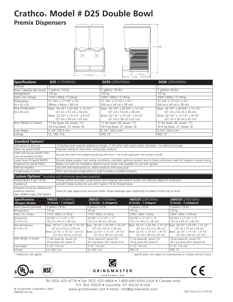 Crathco, Model # d25 double bowl, Premix dispensers | Grindmaster The BubblerTM - Premix Dispensers D25 Double Bowl User Manual | Page 2 / 2