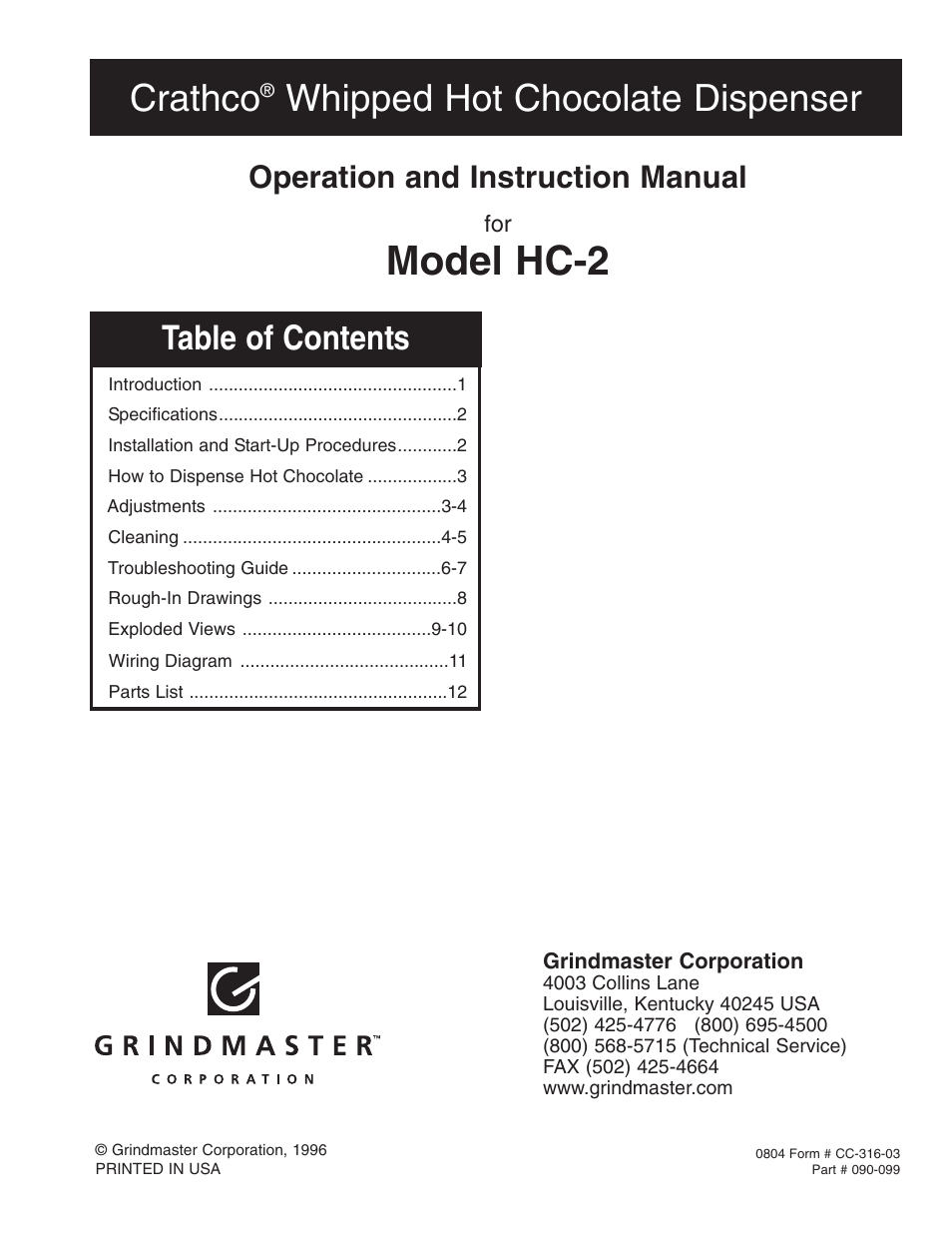 Grindmaster CRATHCO HC-2 User Manual | 16 pages