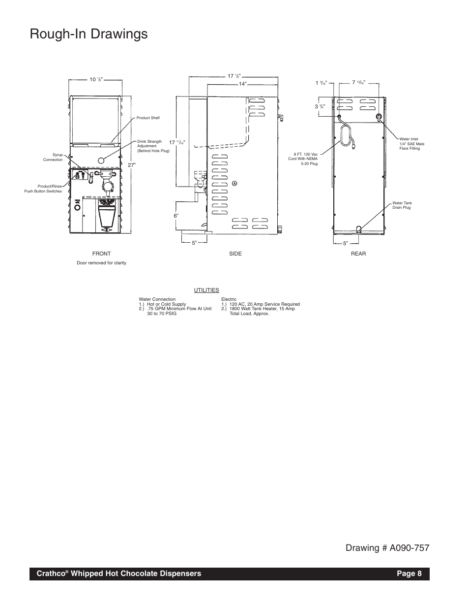 Rough-in drawings, Crathco, Whipped hot chocolate dispensers page 8 | Grindmaster CRATHCO HC-2 User Manual | Page 11 / 16