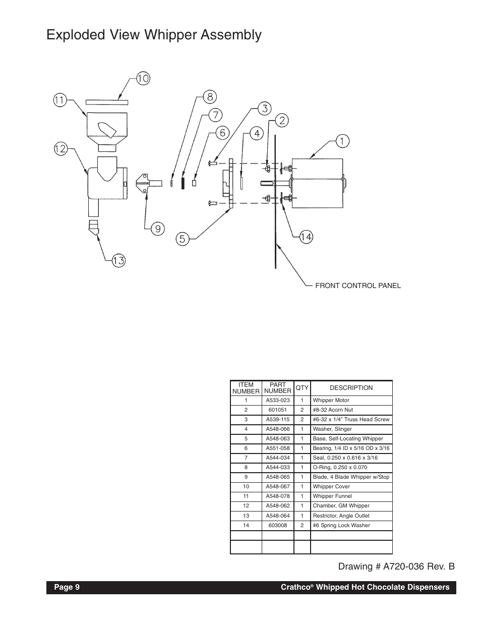 Exploded view whipper assembly, Crathco, Whipped hot chocolate dispensers page 9 | Grindmaster CRATHCO HC-2 User Manual | Page 12 / 16