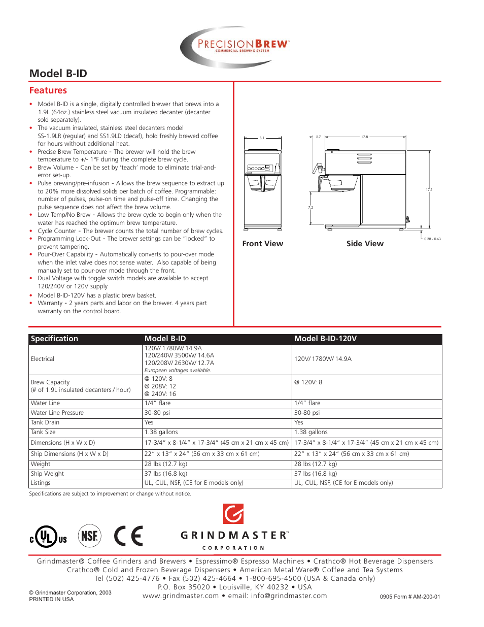 Model b-id, Features | Grindmaster B-ID User Manual | Page 2 / 2