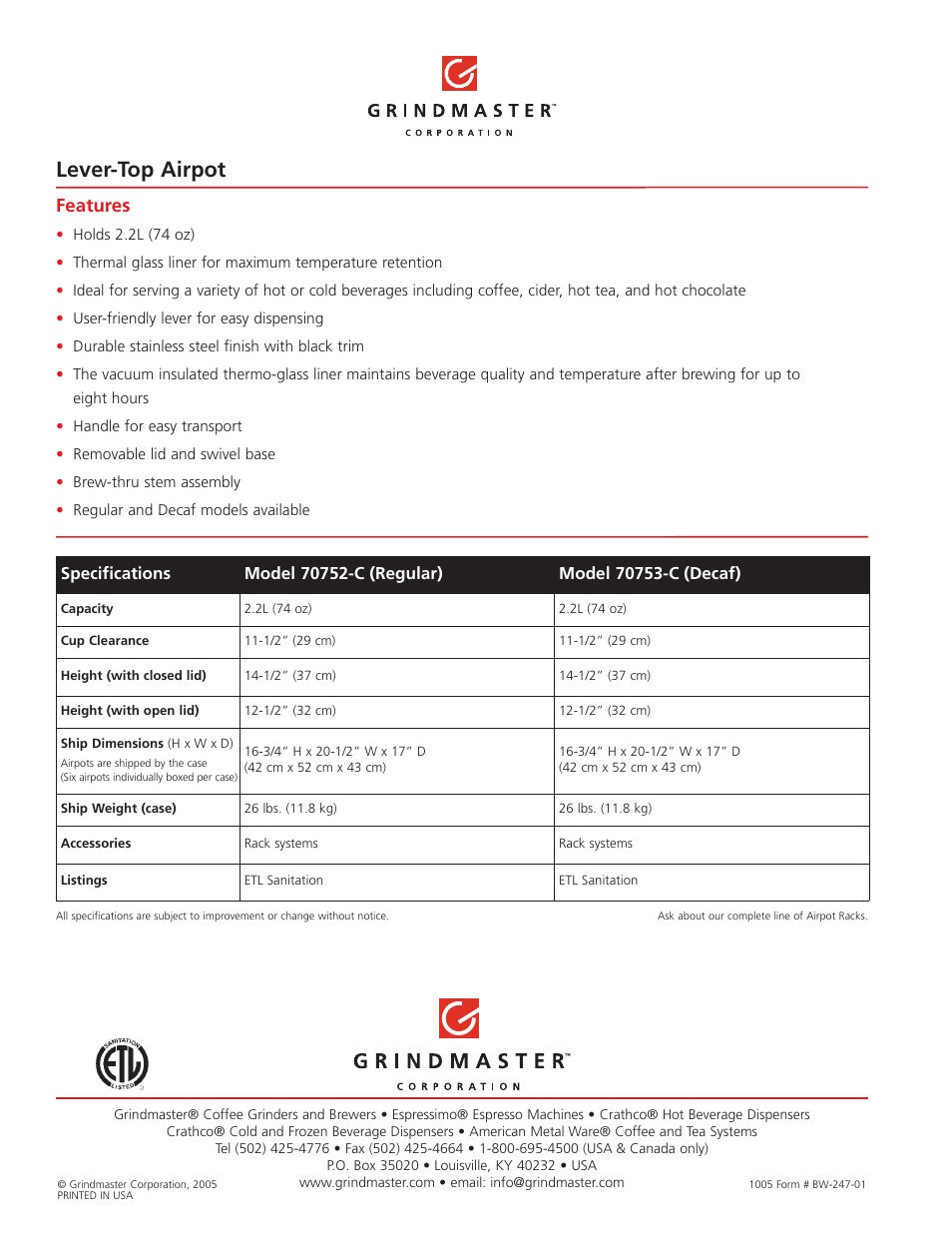 Lever-top airpot, Features | Grindmaster 70752 User Manual | Page 2 / 2