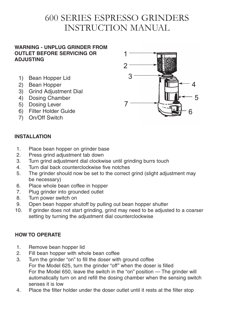 600 series espresso grinders instruction manual | Grindmaster 650 User Manual | Page 2 / 4