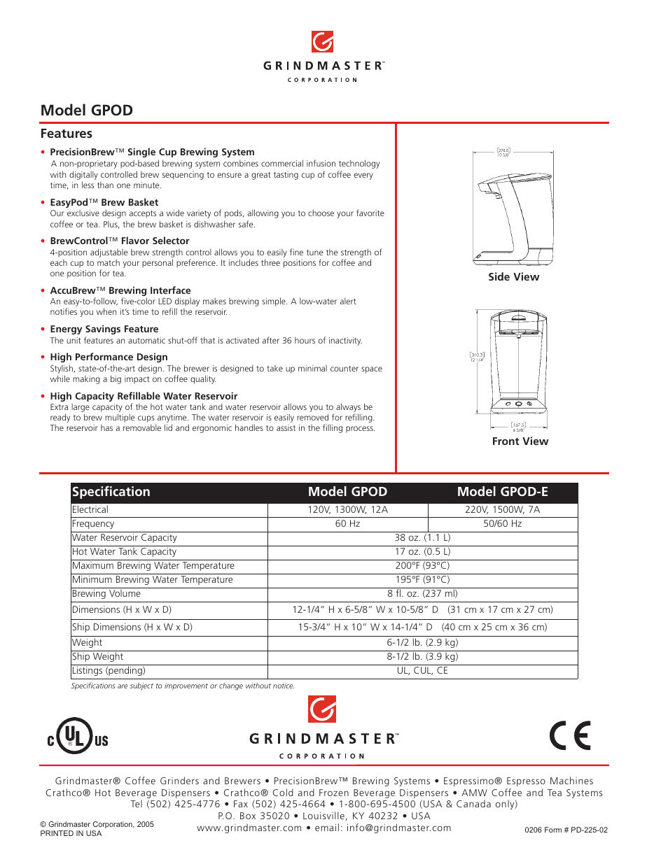 Model gpod, Specification model gpod model gpod-e, Features | Grindmaster GPOD User Manual | Page 2 / 2