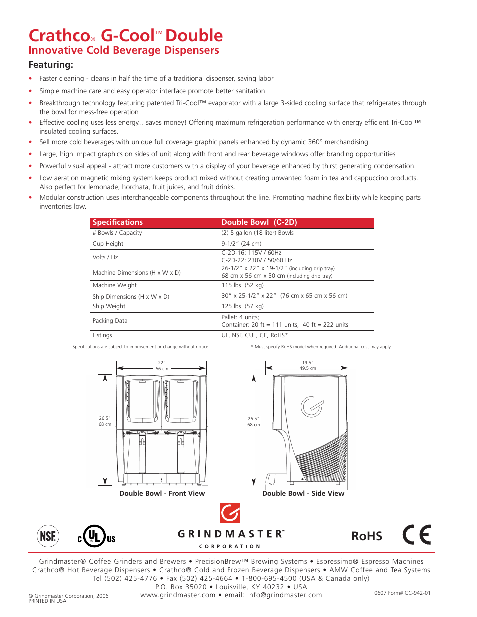 Crathco, G-cool, Double | Rohs, Innovative cold beverage dispensers, Featuring | Grindmaster G-Cool C-2D User Manual | Page 2 / 2