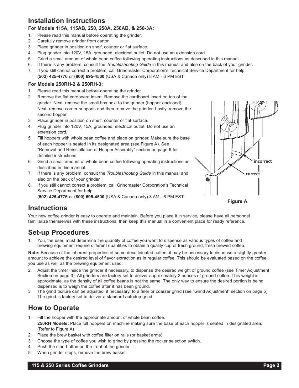 Installation instructions, Instructions, Set-up procedures | How to operate | Grindmaster 250AB User Manual | Page 3 / 24