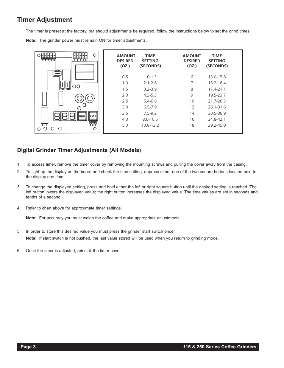 Timer adjustment, Digital grinder timer adjustments (all models) | Grindmaster 250AB User Manual | Page 4 / 24