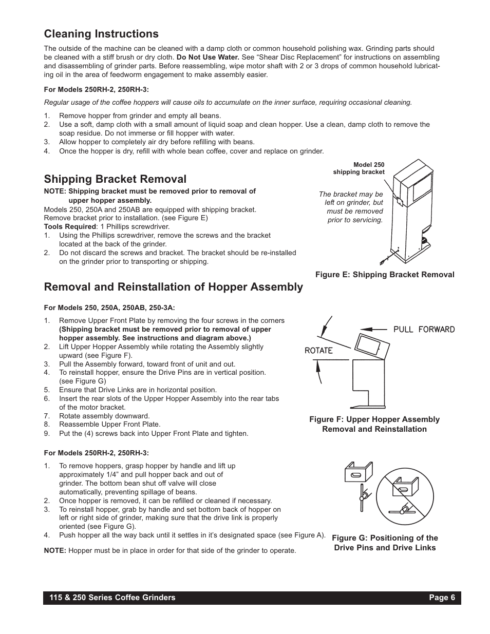 Cleaning instructions, Shipping bracket removal, Removal and reinstallation of hopper assembly | Grindmaster 250AB User Manual | Page 7 / 24