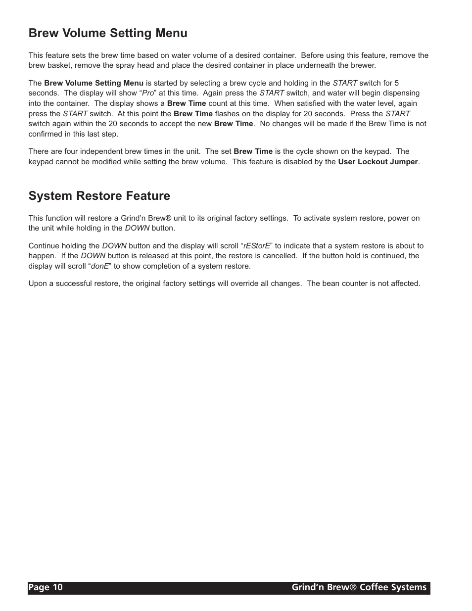 Brew volume setting menu, System restore feature | Grindmaster 11 User Manual | Page 10 / 24