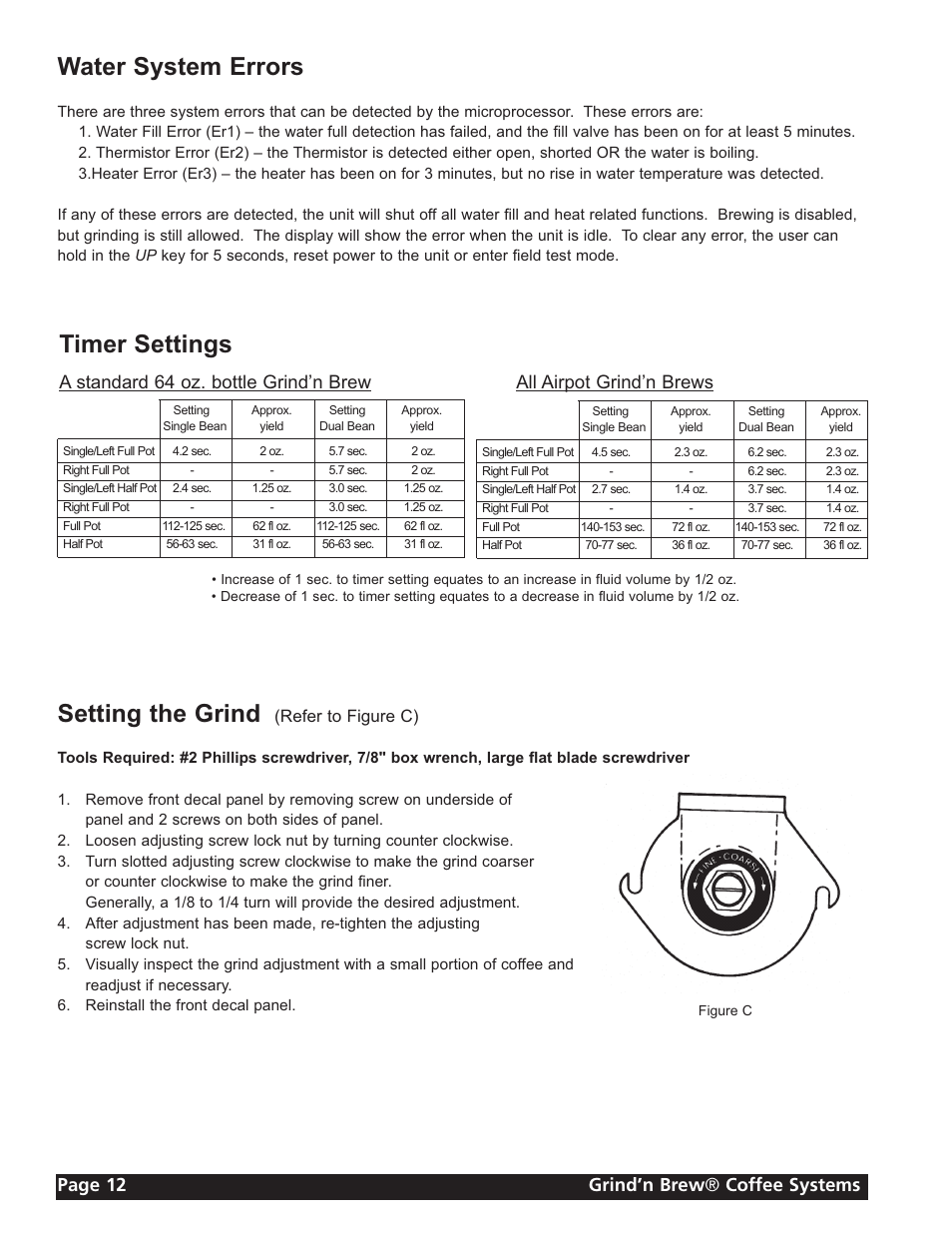 Timer settings, Water system errors, Setting the grind | Page 12 grind’n brew ® coffee systems, Refer to figure c) | Grindmaster 11 User Manual | Page 12 / 24