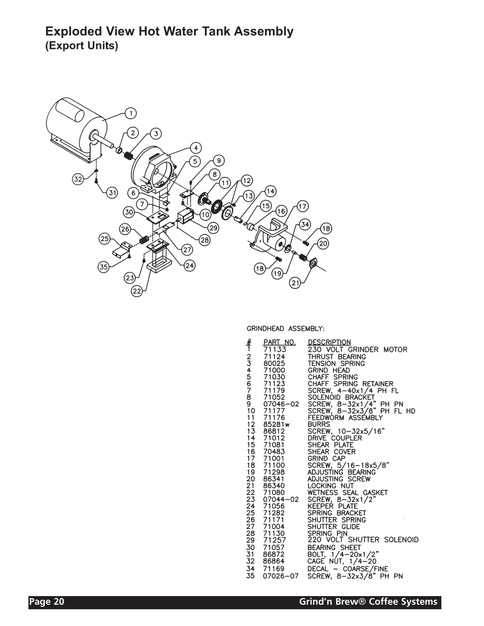 Exploded view hot water tank assembly | Grindmaster 11 User Manual | Page 20 / 24