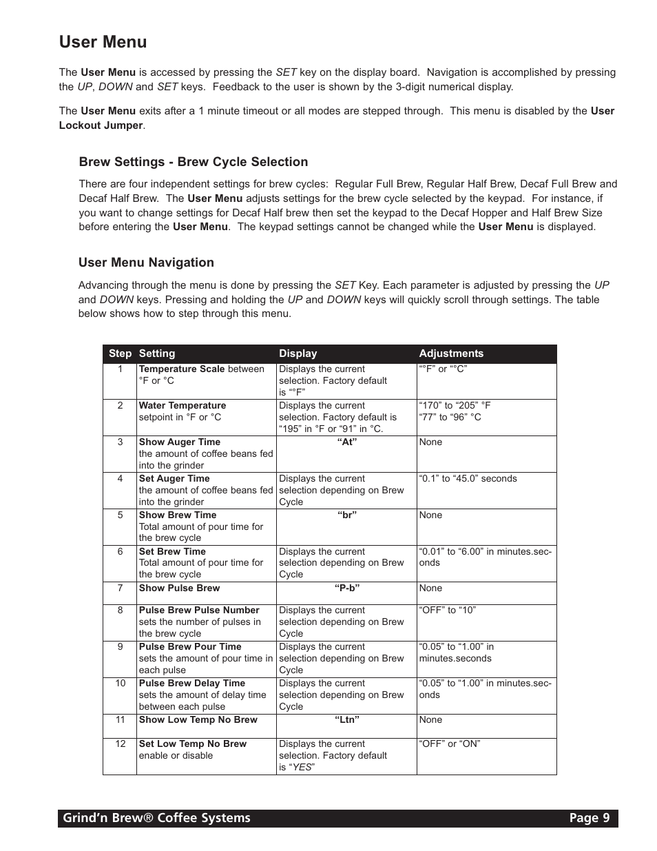 User menu, Grind’n brew ® coffee systems page 9, Brew settings - brew cycle selection | User menu navigation | Grindmaster 11 User Manual | Page 9 / 24