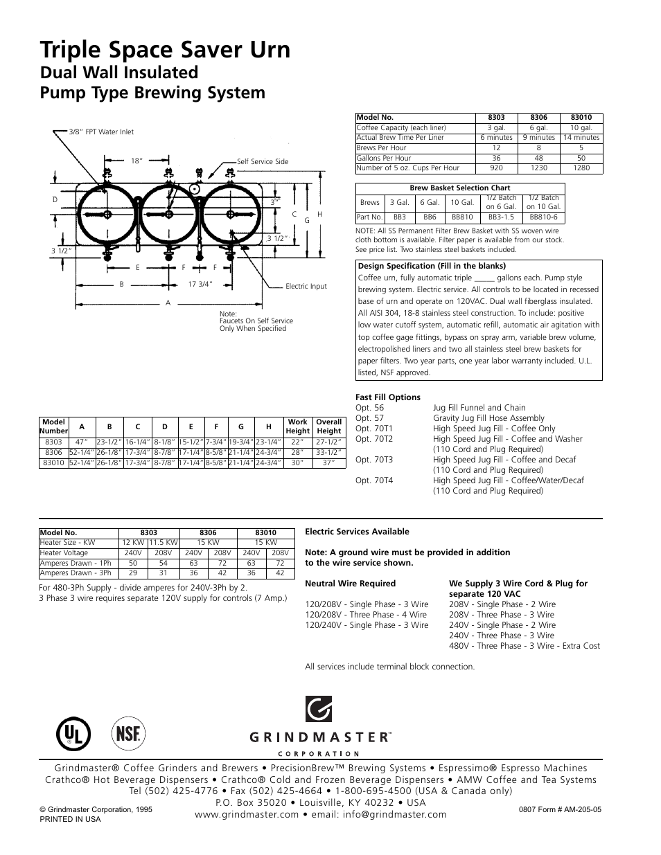 Triple space saver urn, Dual wall insulated pump type brewing system | Grindmaster 83010 User Manual | Page 2 / 2