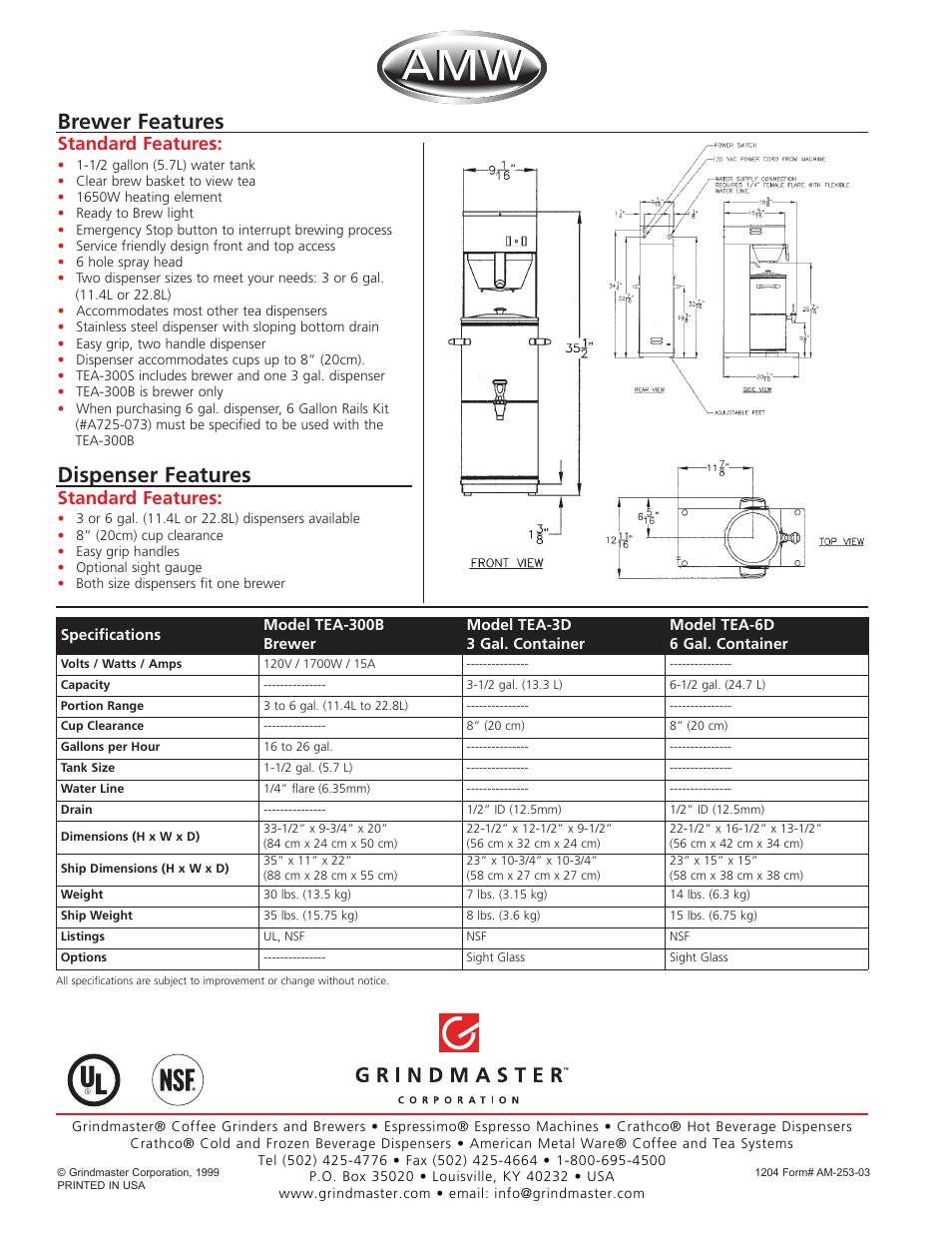 Brewer features, Dispenser features, Standard features | Grindmaster TEA-300S User Manual | Page 2 / 2