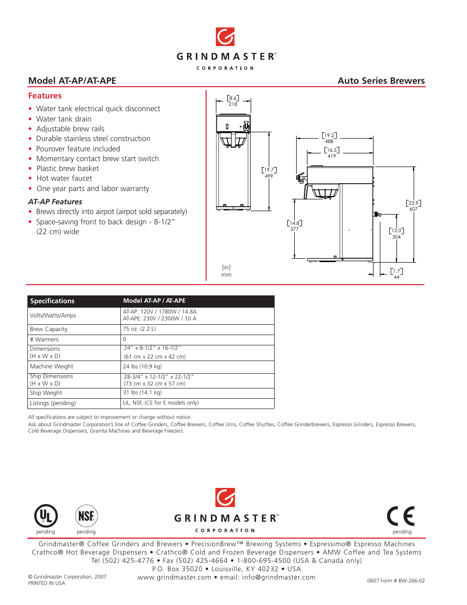 Model at-ap/at-ape, Auto series brewers, Features | Grindmaster AT-AP User Manual | Page 2 / 2