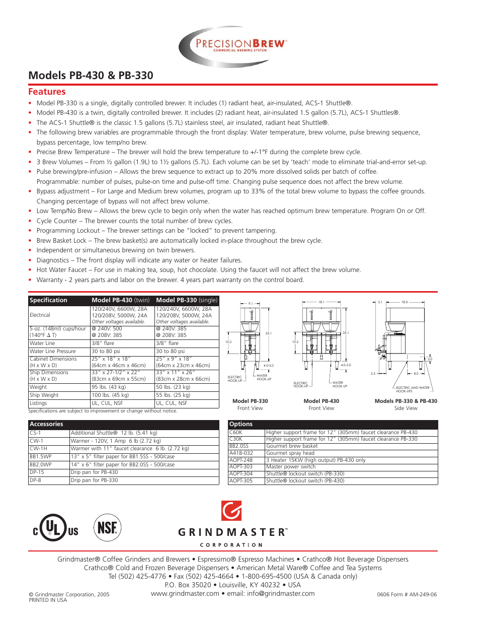 Features | Grindmaster PB-330 User Manual | Page 2 / 2