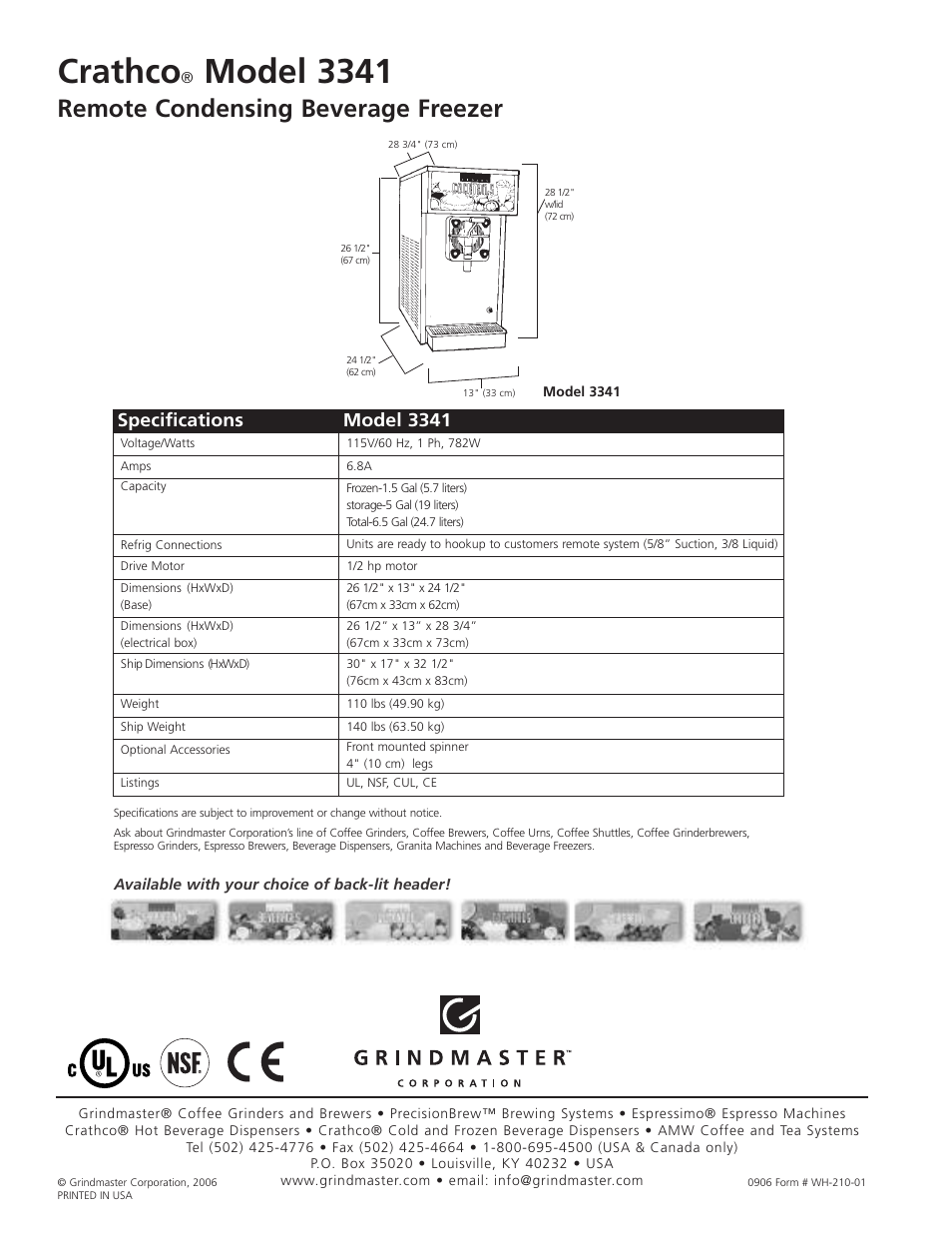 Crathco, Model 3341, Remote condensing beverage freezer | Specifications model 3341 | Grindmaster 3341 User Manual | Page 2 / 2