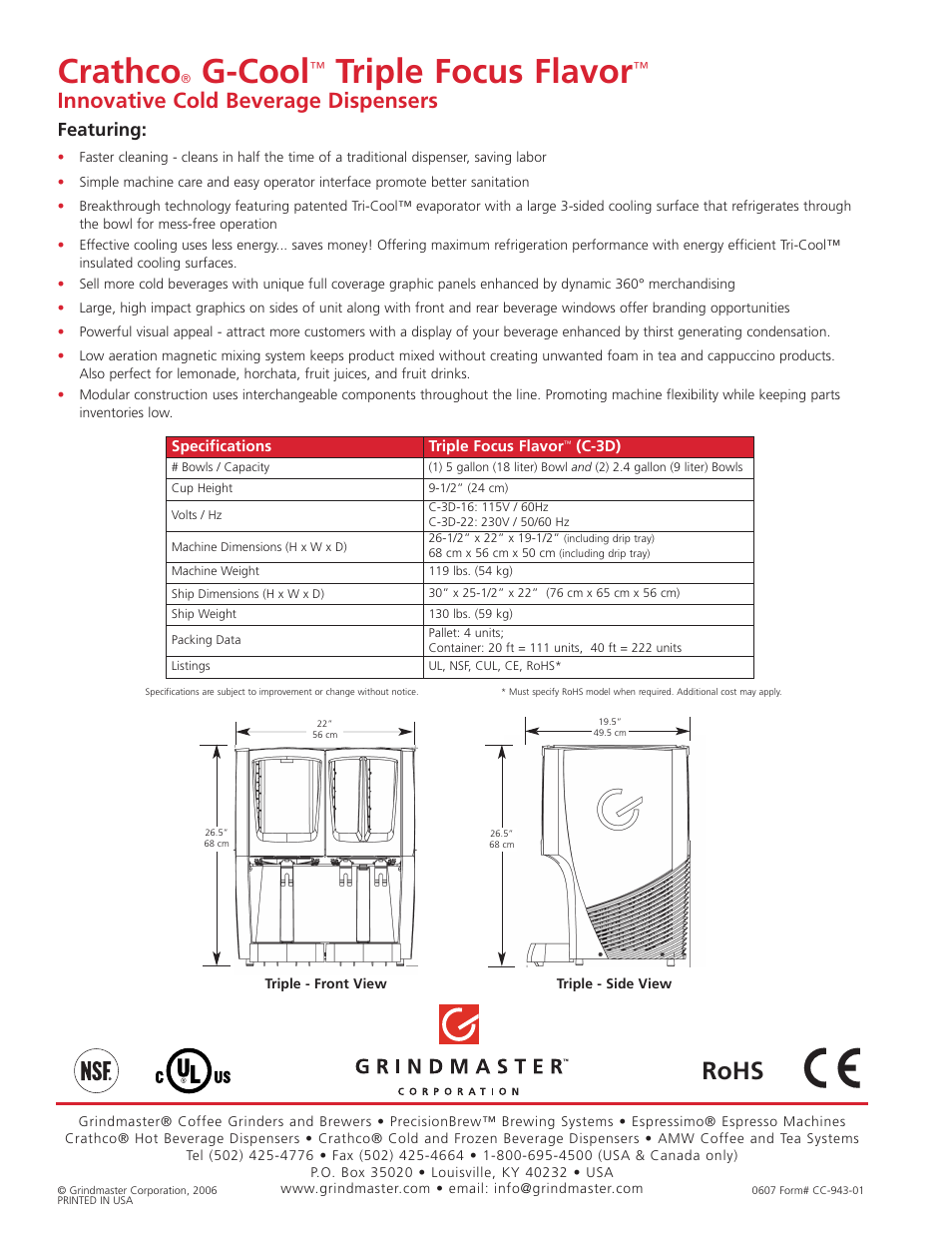 Crathco, G-cool, Triple focus flavor | Rohs, Innovative cold beverage dispensers, Featuring | Grindmaster Crathco C-3D User Manual | Page 2 / 2
