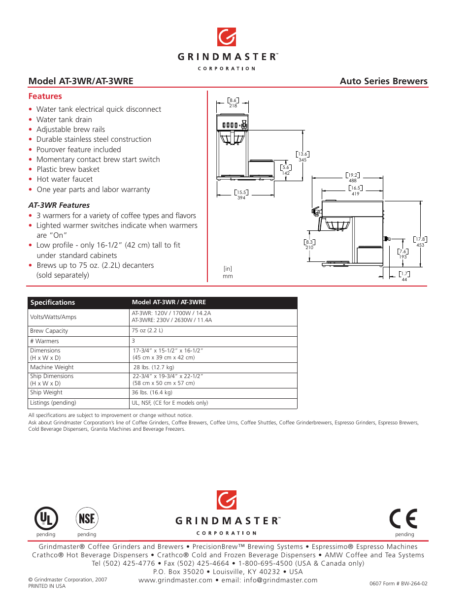 Model at-3wr/at-3wre, Auto series brewers, Features | Grindmaster AT-3WR User Manual | Page 2 / 2
