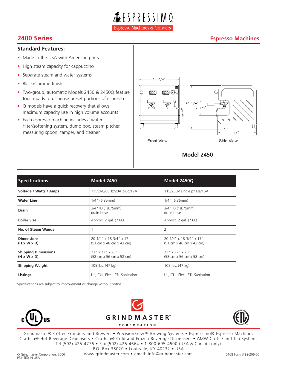 2400 series, Espresso machines, Model 2450 | Standard features | Grindmaster 2450Q User Manual | Page 2 / 2