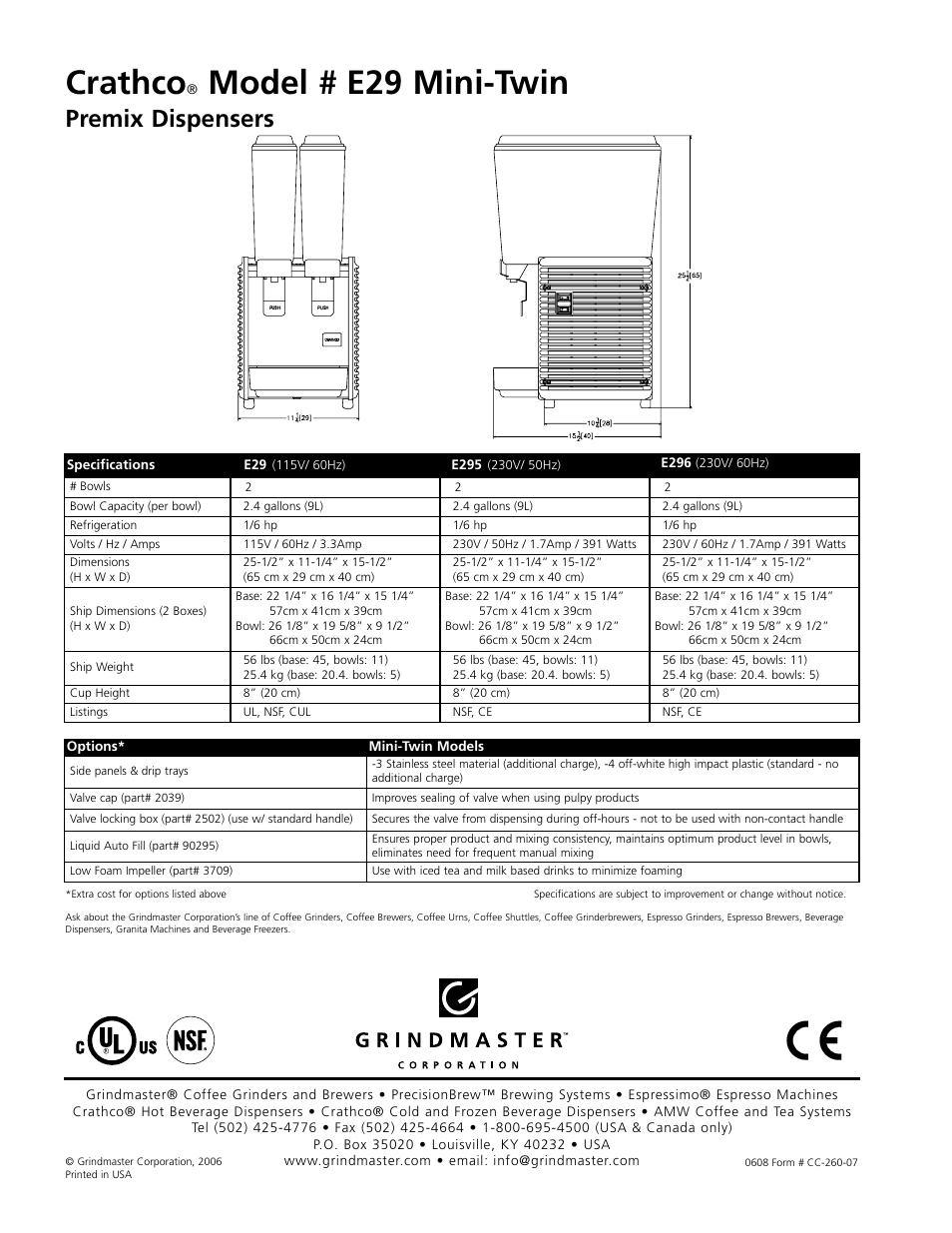 Crathco, Model # e29 mini-twin, Premix dispensers | Grindmaster Crathco E29 User Manual | Page 2 / 2