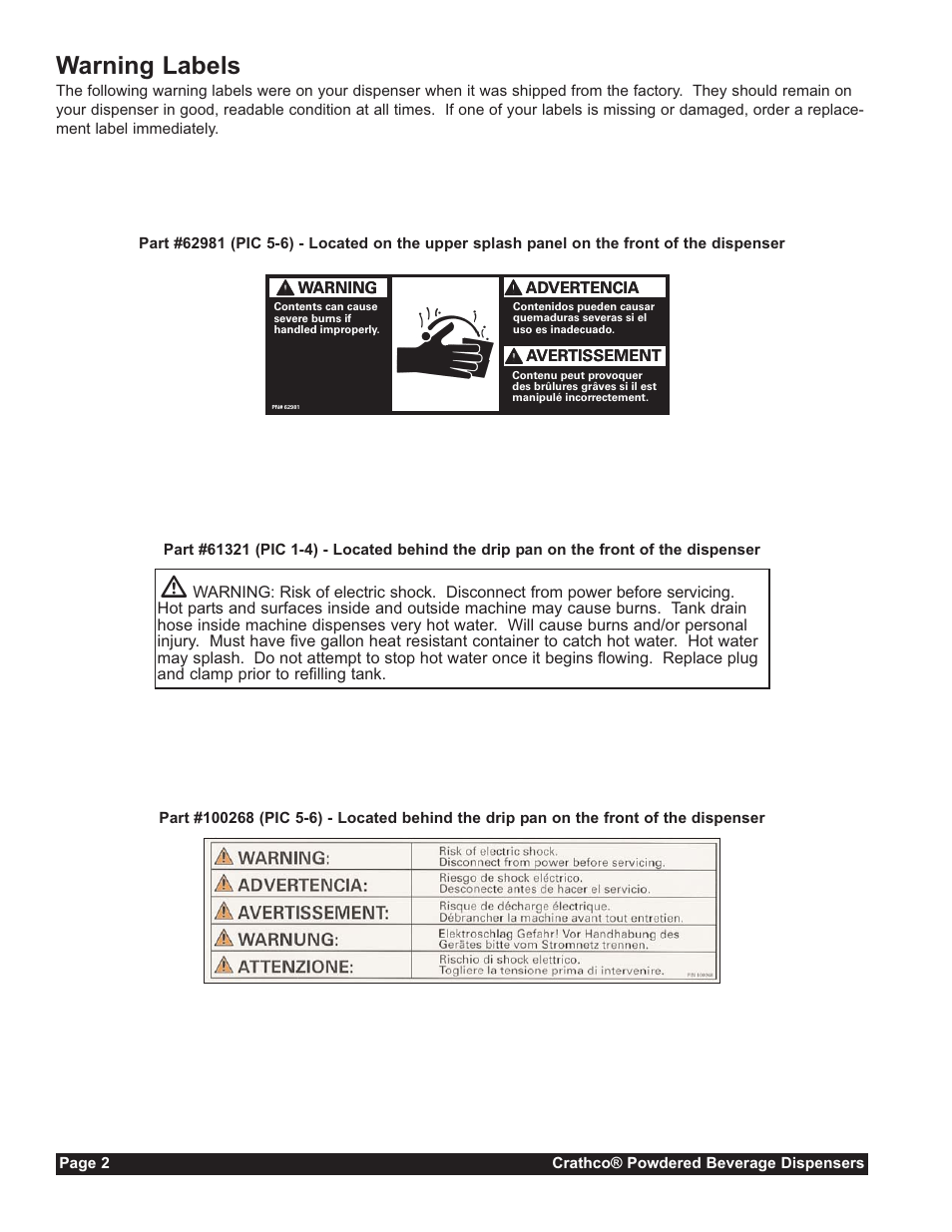 Warning labels | Grindmaster CC-302-20 User Manual | Page 2 / 68