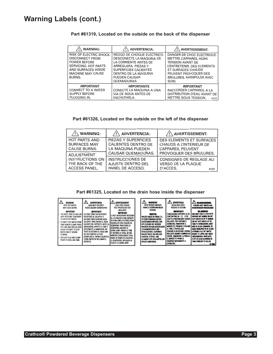 Warning labels (cont.) | Grindmaster CC-302-20 User Manual | Page 3 / 68