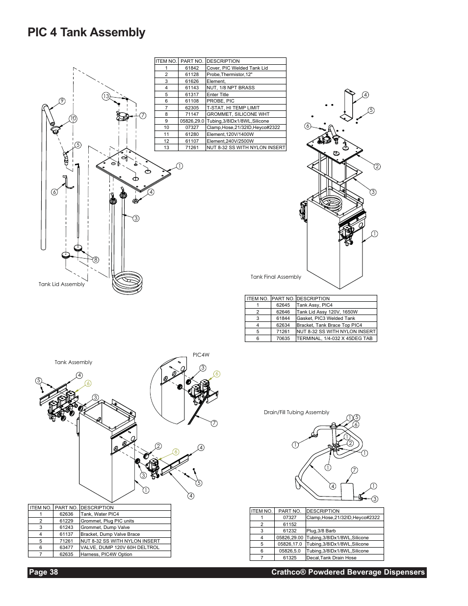 Pic 4 tank assembly, Page 38 crathco® powdered beverage dispensers | Grindmaster CC-302-20 User Manual | Page 38 / 68