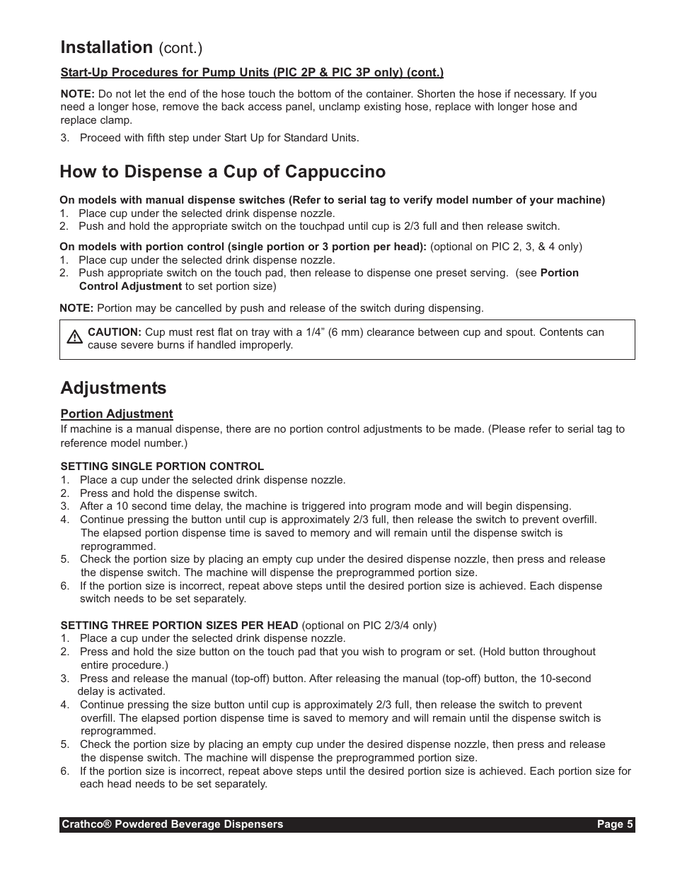 How to dispense a cup of cappuccino, Adjustments, Ƽinstallation | Cont.) | Grindmaster CC-302-20 User Manual | Page 5 / 68