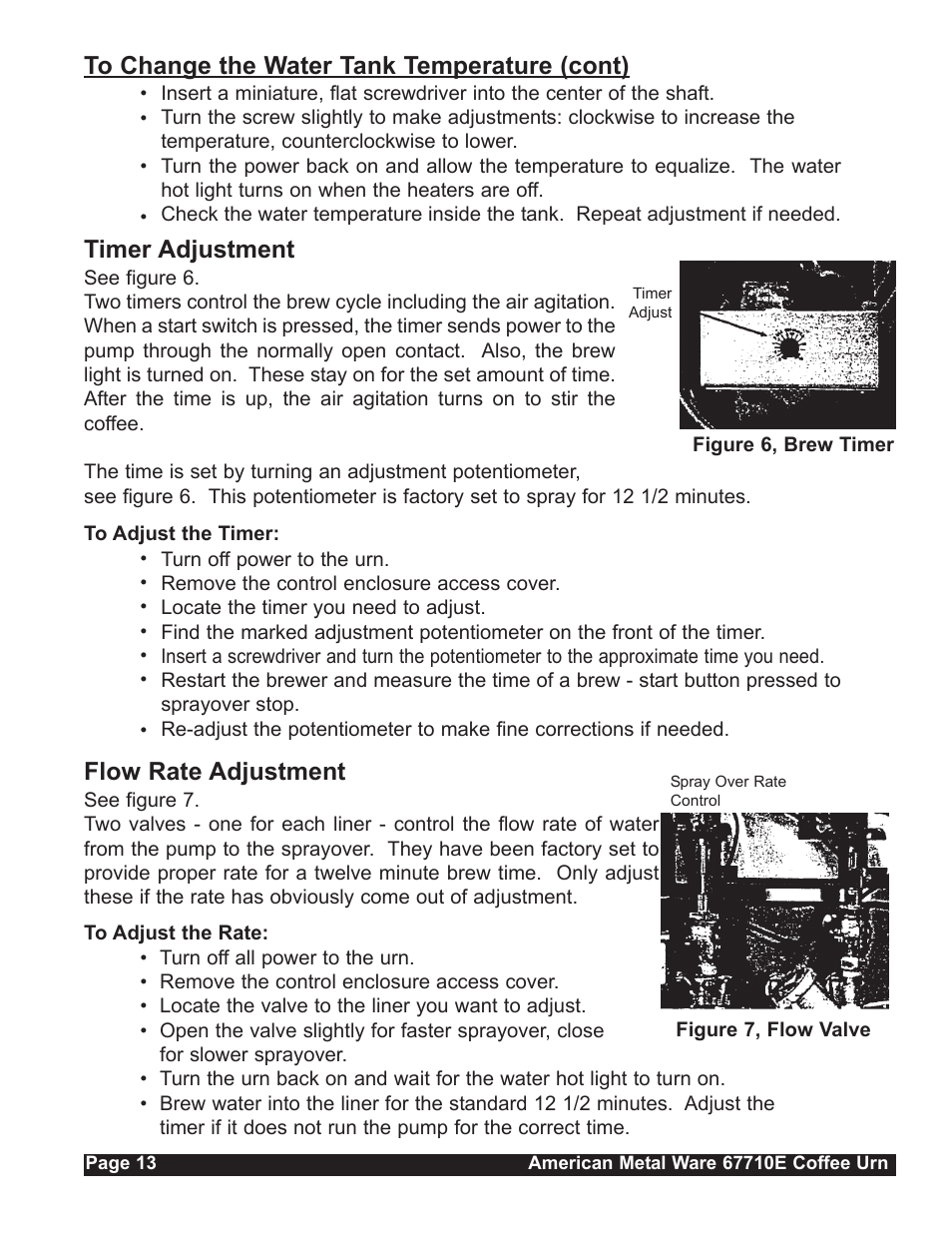 Timer adjustment, Flow rate adjustment | Grindmaster 67710E User Manual | Page 13 / 19