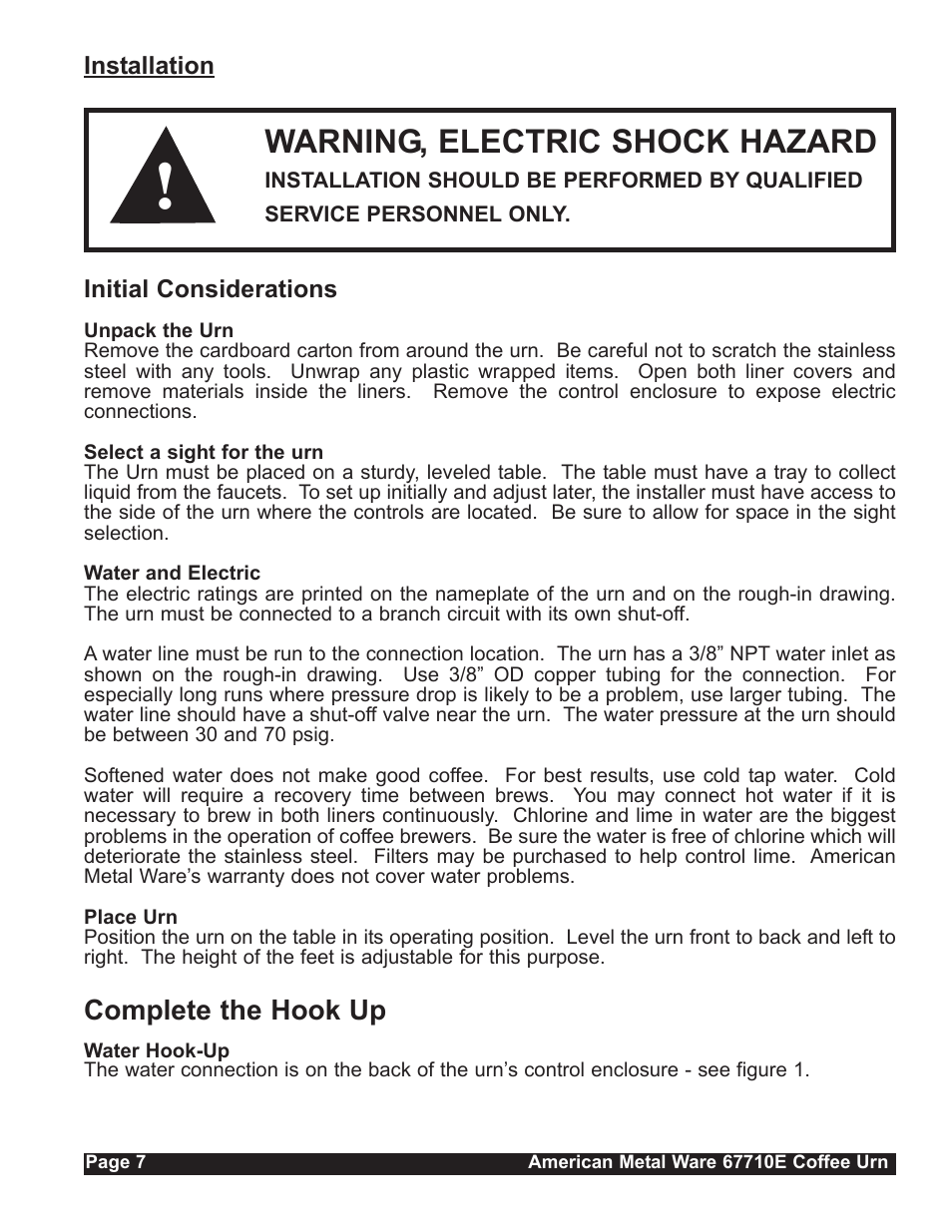 Warning, electric shock hazard, Complete the hook up | Grindmaster 67710E User Manual | Page 7 / 19