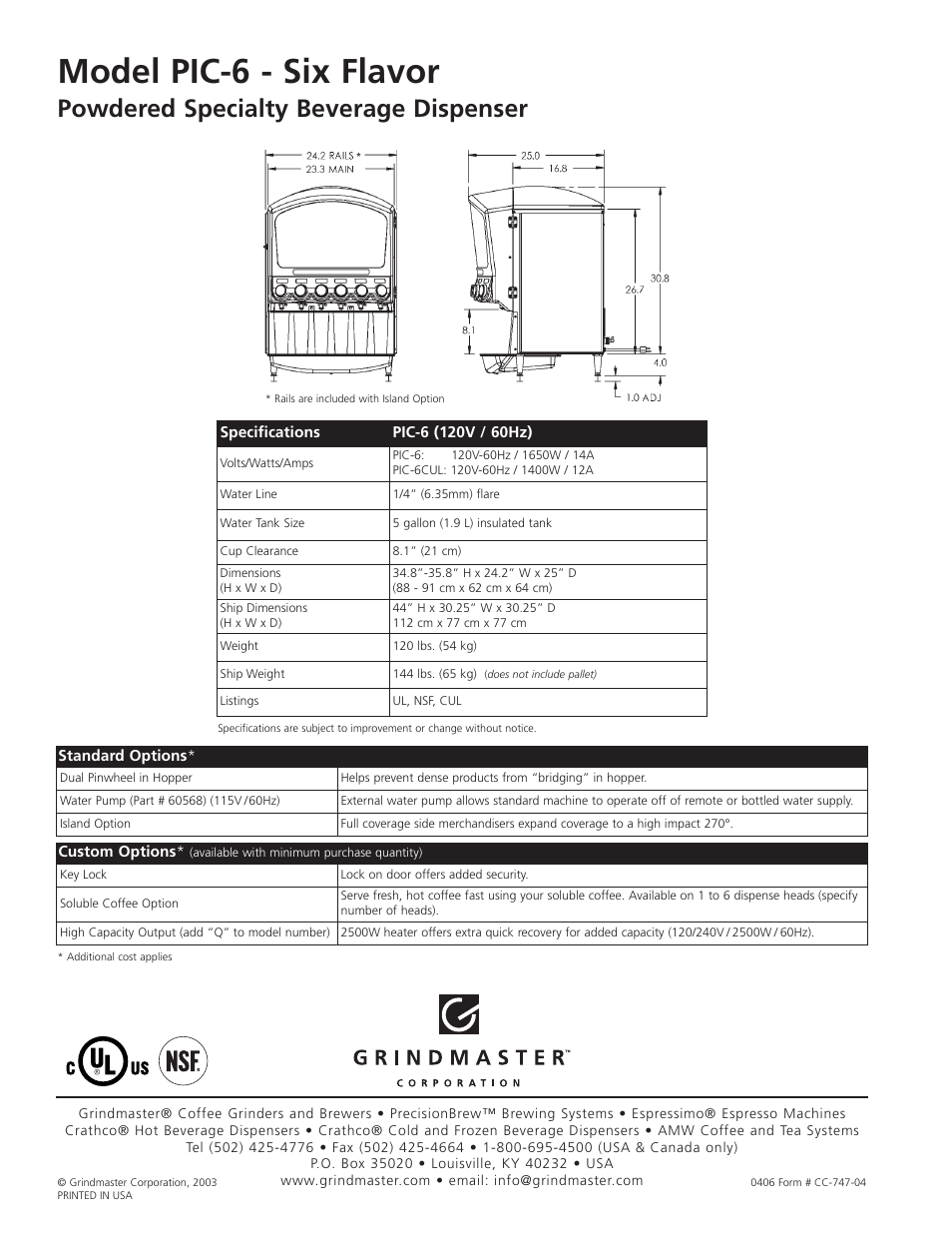 Model pic-6 - six flavor, Powdered specialty beverage dispenser | Grindmaster PIC-6 User Manual | Page 2 / 2