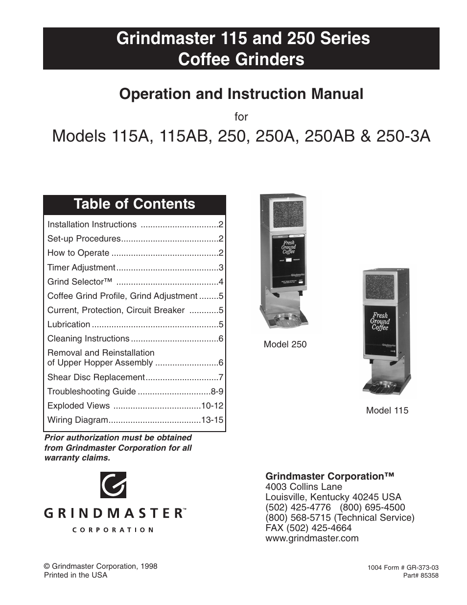 Grindmaster 115 User Manual | 16 pages