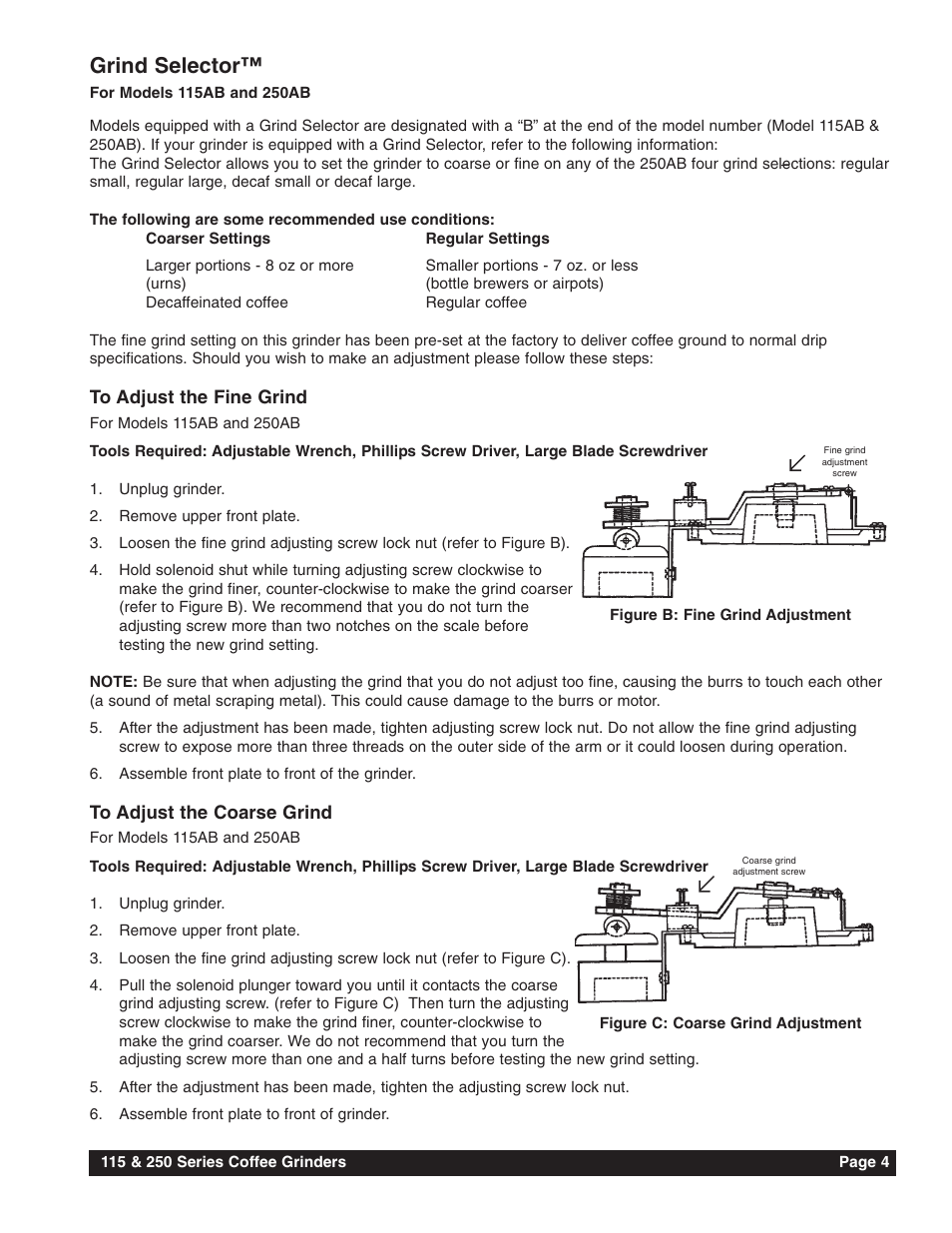 Grind selector | Grindmaster 115 User Manual | Page 5 / 16