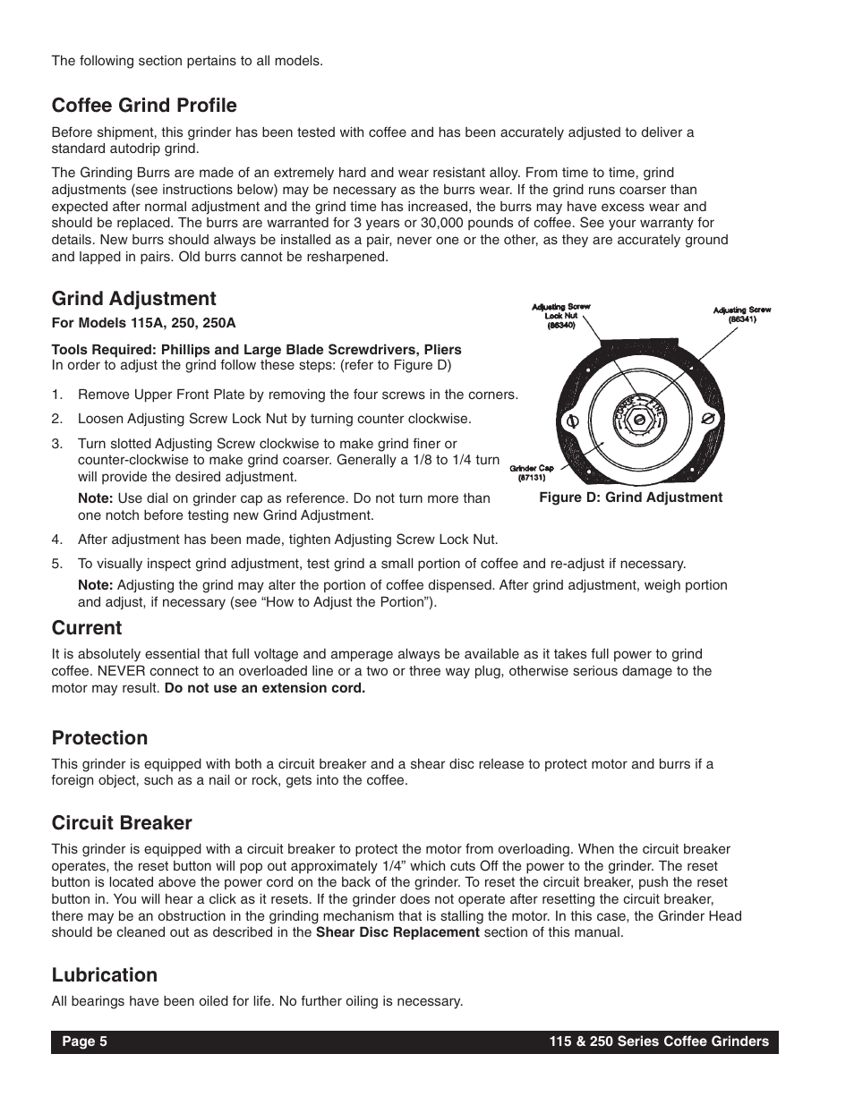 Coffee grind profile, Grind adjustment, Current | Protection, Circuit breaker, Lubrication | Grindmaster 115 User Manual | Page 6 / 16