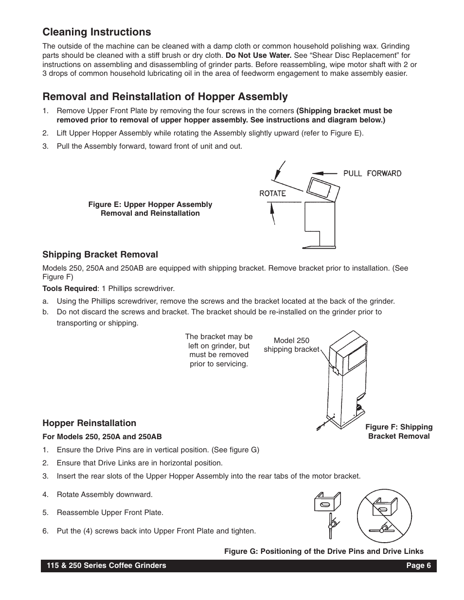 Cleaning instructions, Removal and reinstallation of hopper assembly | Grindmaster 115 User Manual | Page 7 / 16