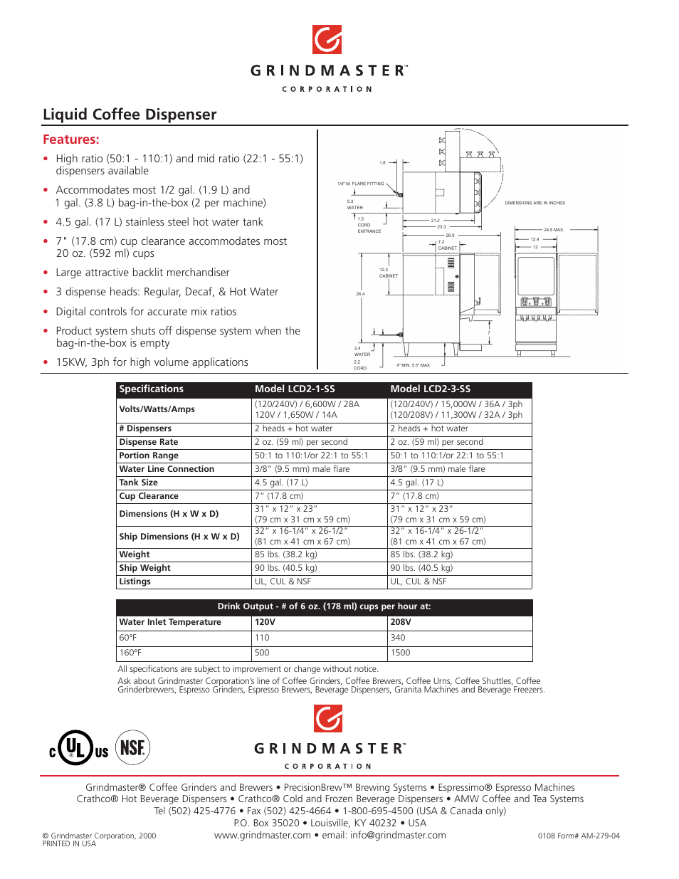 Liquid coffee dispenser, Features | Grindmaster LCD2-1-SS User Manual | Page 2 / 2