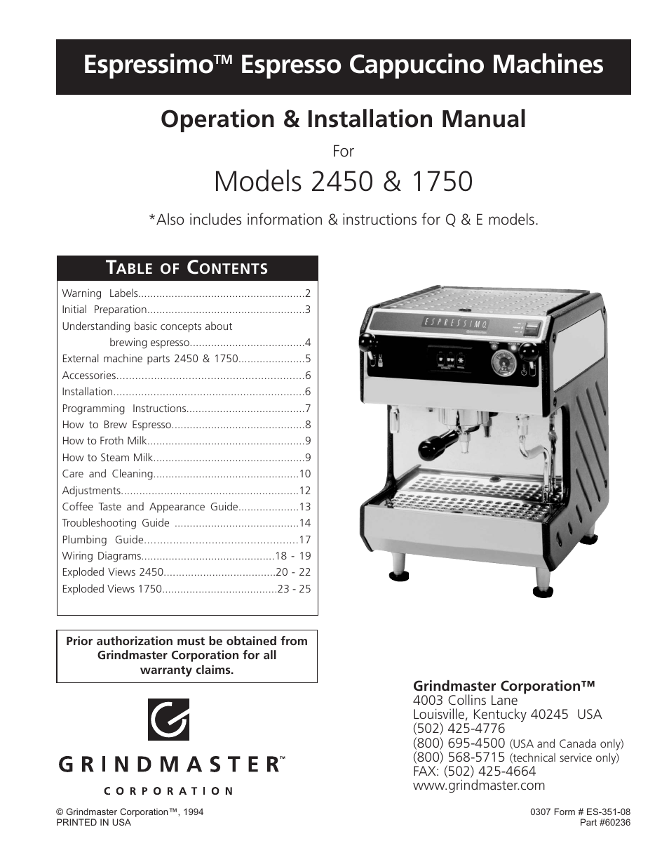 Grindmaster Espressimo 2450 User Manual | 28 pages