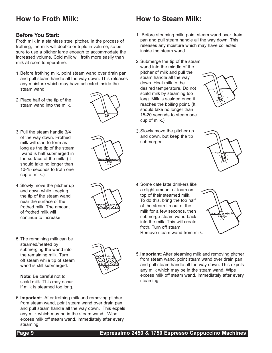 How to froth milk, How to steam milk | Grindmaster Espressimo 2450 User Manual | Page 10 / 28