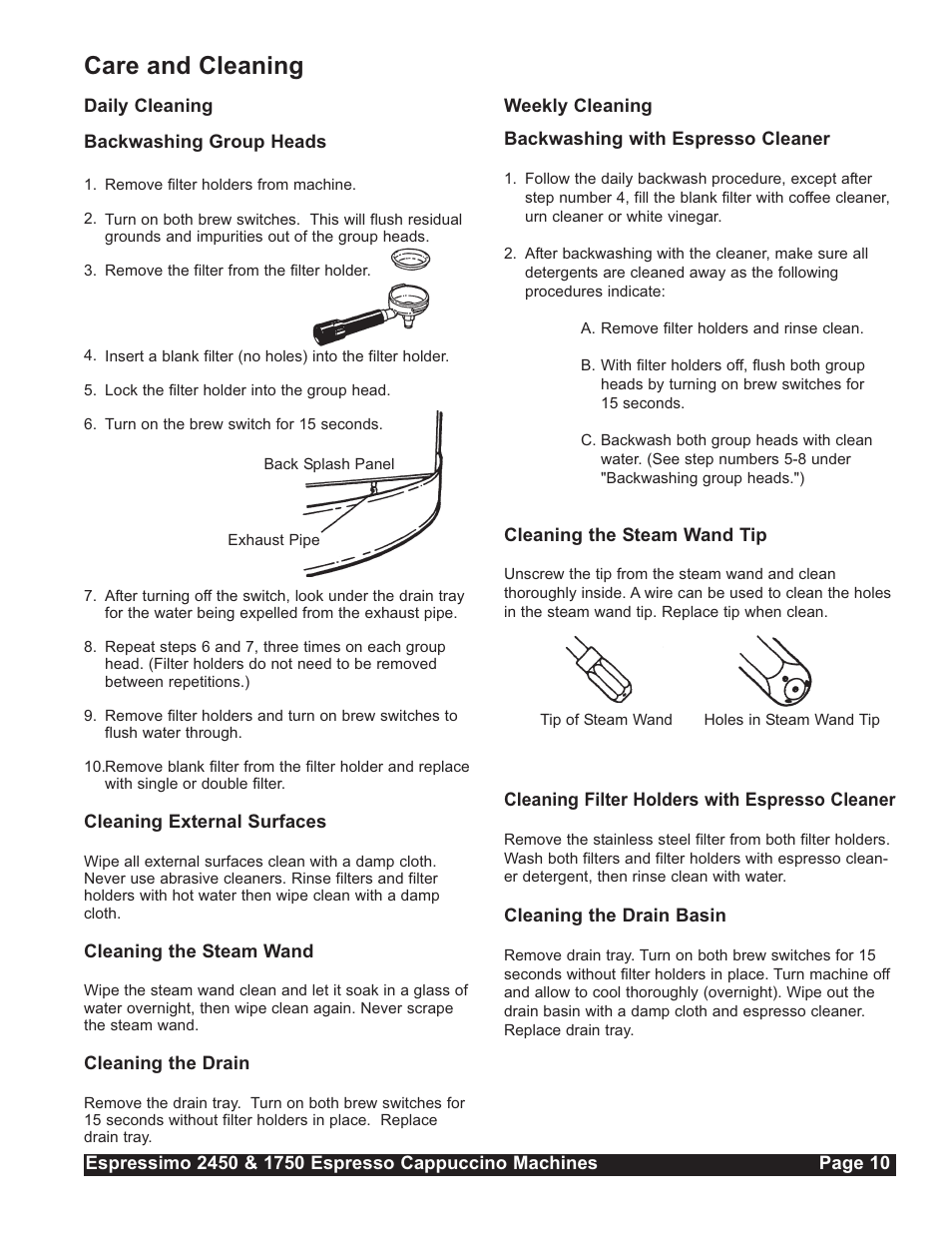 Care and cleaning | Grindmaster Espressimo 2450 User Manual | Page 11 / 28