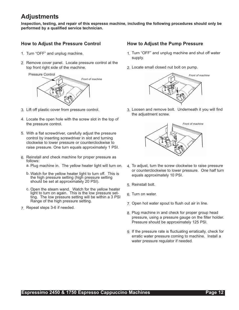 Adjustments | Grindmaster Espressimo 2450 User Manual | Page 13 / 28