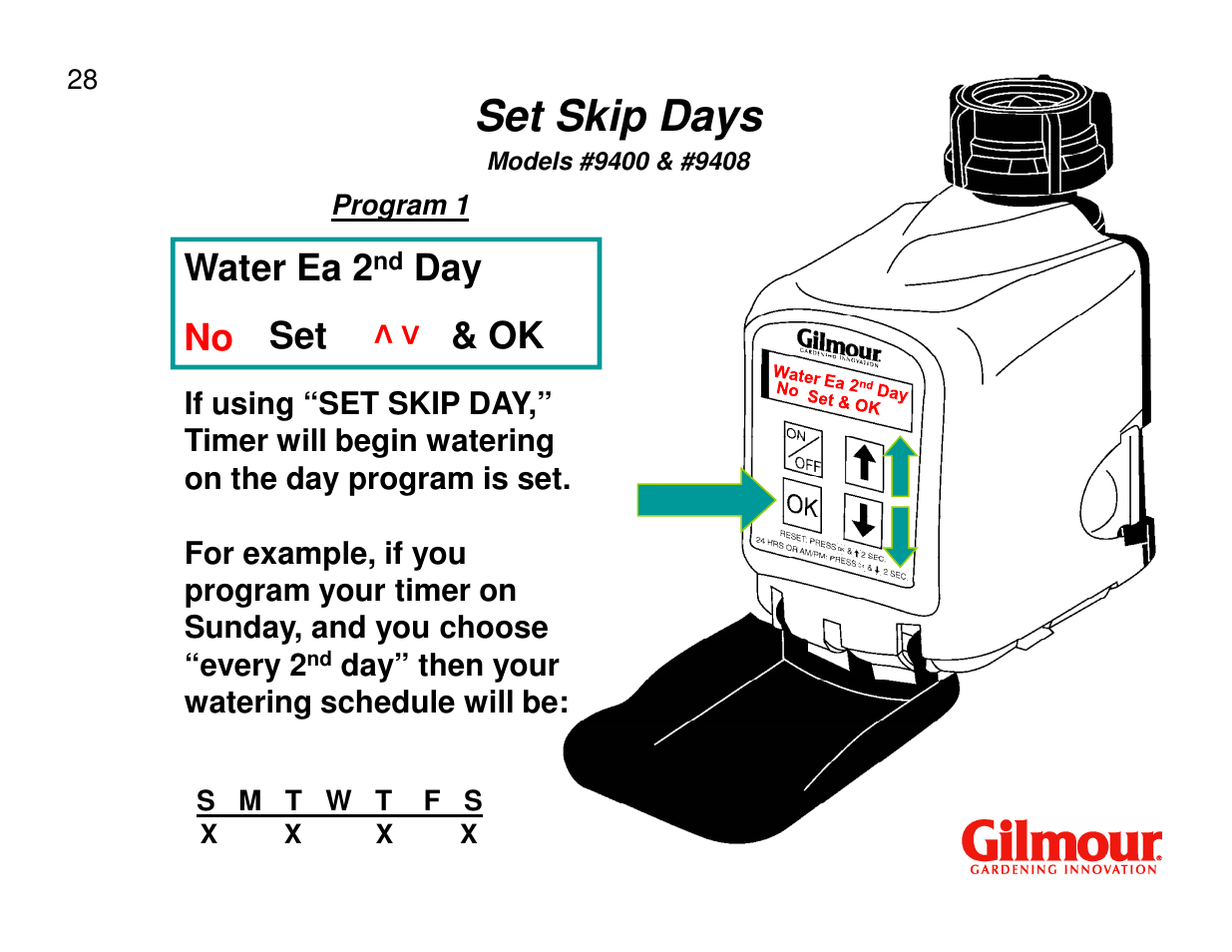 Set skip days, Water ea 2, Day set & ok | Gilmour 9400 User Manual | Page 28 / 35