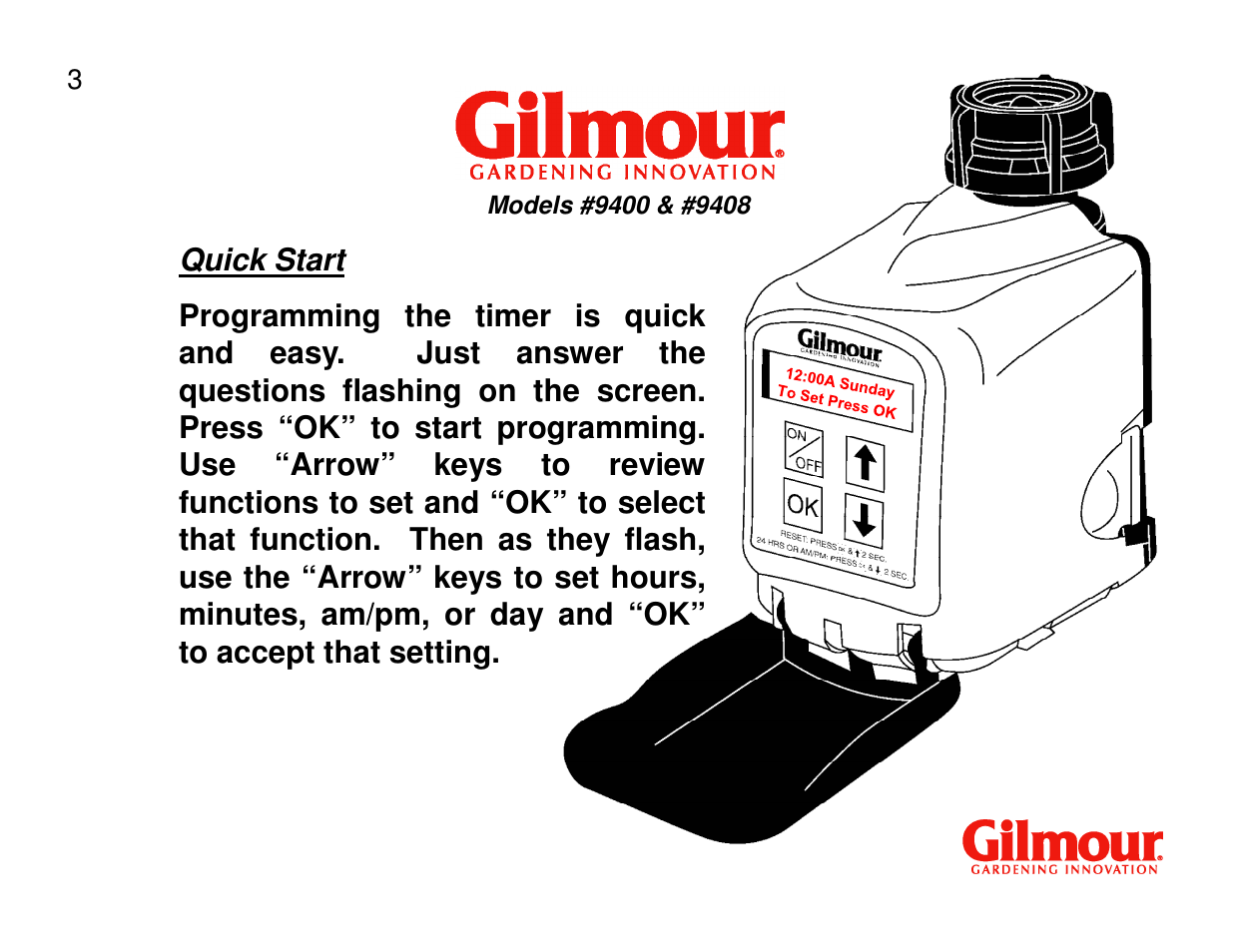 Quick start | Gilmour 9400 User Manual | Page 3 / 35