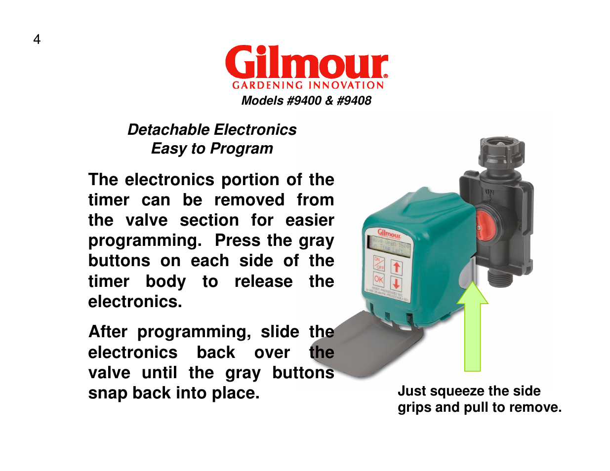 Detachable electronics | Gilmour 9400 User Manual | Page 4 / 35