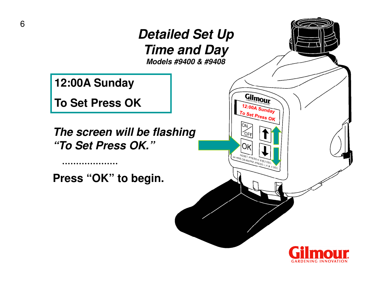 Time and day, Detailed set up time and day | Gilmour 9400 User Manual | Page 6 / 35